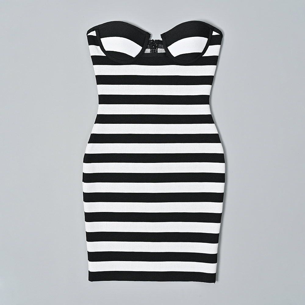 BEAUKEY Sexy Bright White Black Line Contrast Strapless Bandage Dress Backless Luxury Sweet Bodycon Mini Dress Women Party Club 