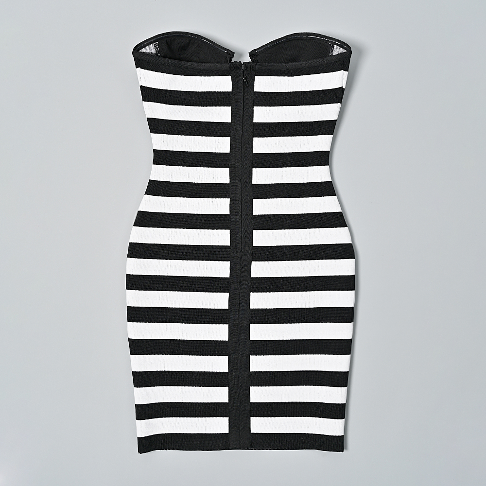 BEAUKEY Sexy Bright White Black Line Contrast Strapless Bandage Dress Backless Luxury Sweet Bodycon Mini Dress Women Party Club 
