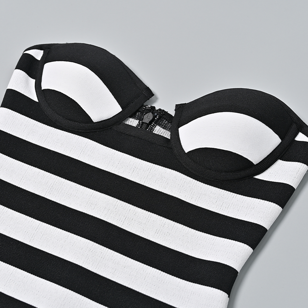 BEAUKEY Sexy Bright White Black Line Contrast Strapless Bandage Dress Backless Luxury Sweet Bodycon Mini Dress Women Party Club 