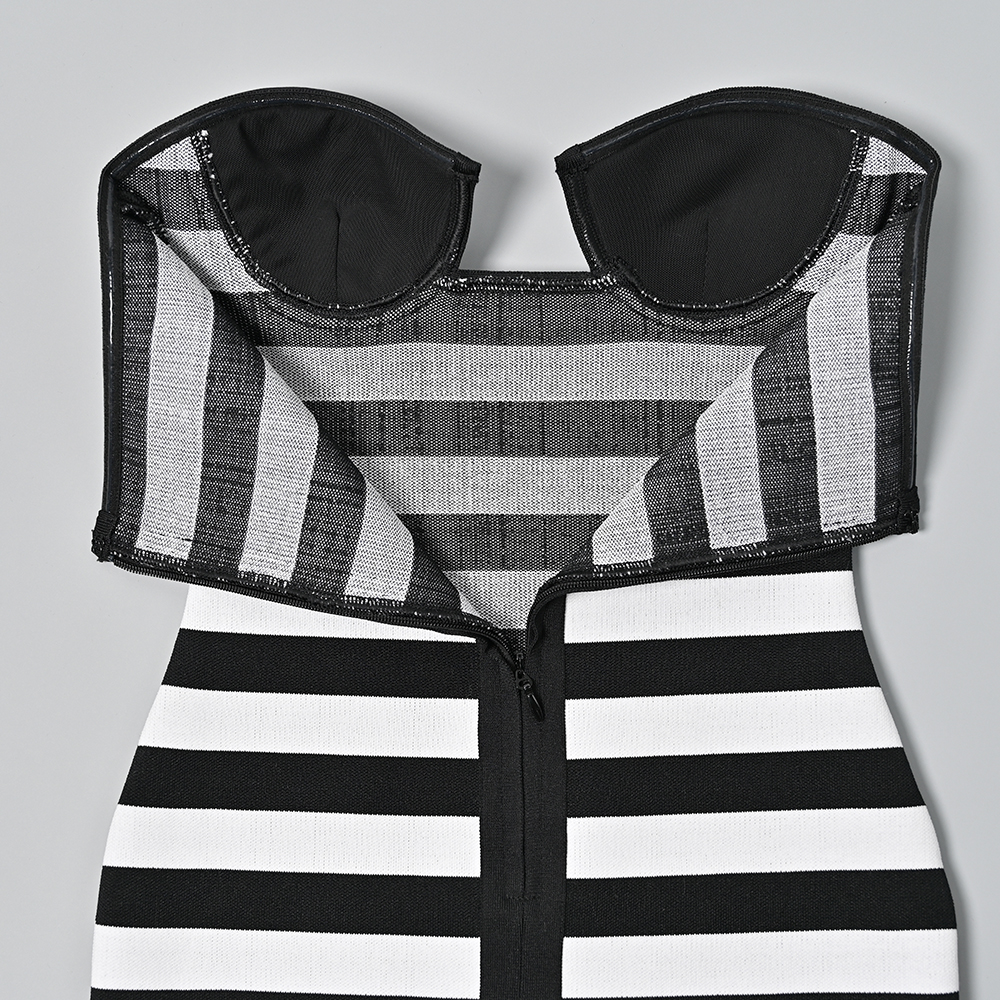 BEAUKEY Sexy Bright White Black Line Contrast Strapless Bandage Dress Backless Luxury Sweet Bodycon Mini Dress Women Party Club 