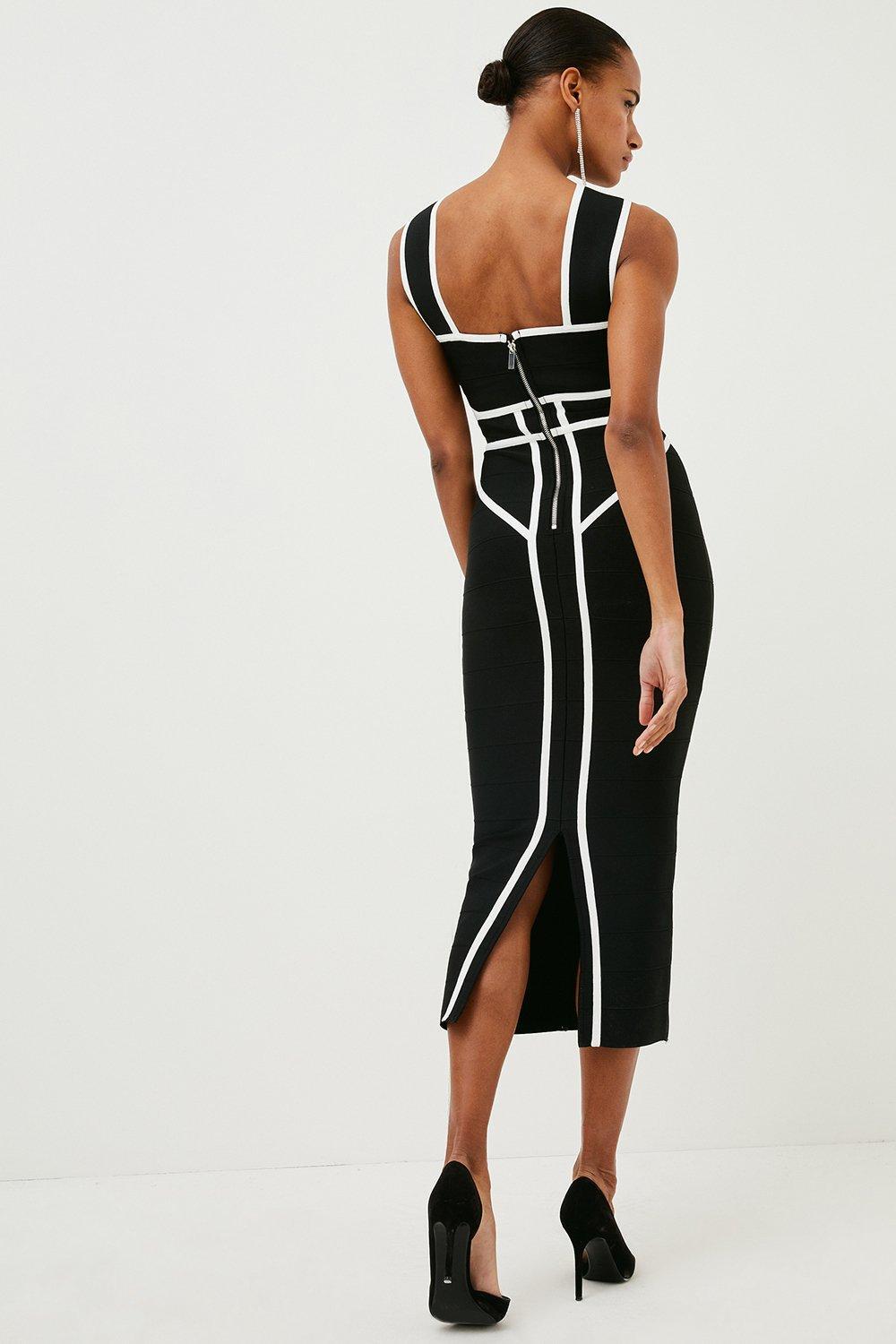 BEAUKEY Luxury Black White Contrast Bandage Midi Bandage Evening Dress Women Summer Halter Vintage Runway Vestidos XL Maxi 