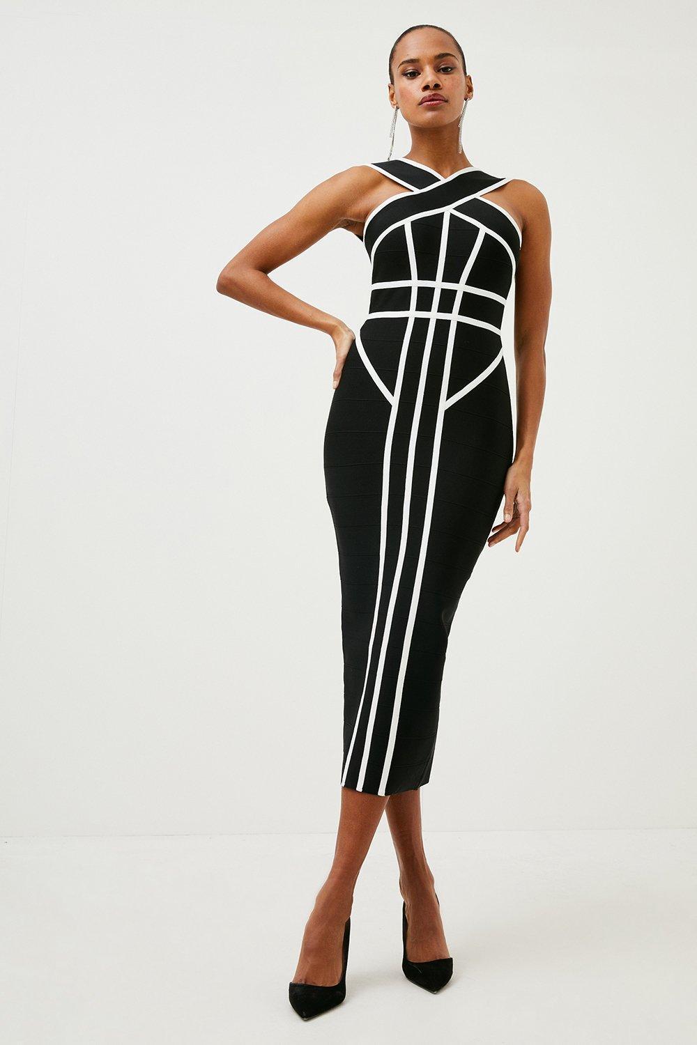 BEAUKEY Luxury Black White Contrast Bandage Midi Bandage Evening Dress Women Summer Halter Vintage Runway Vestidos XL Maxi 