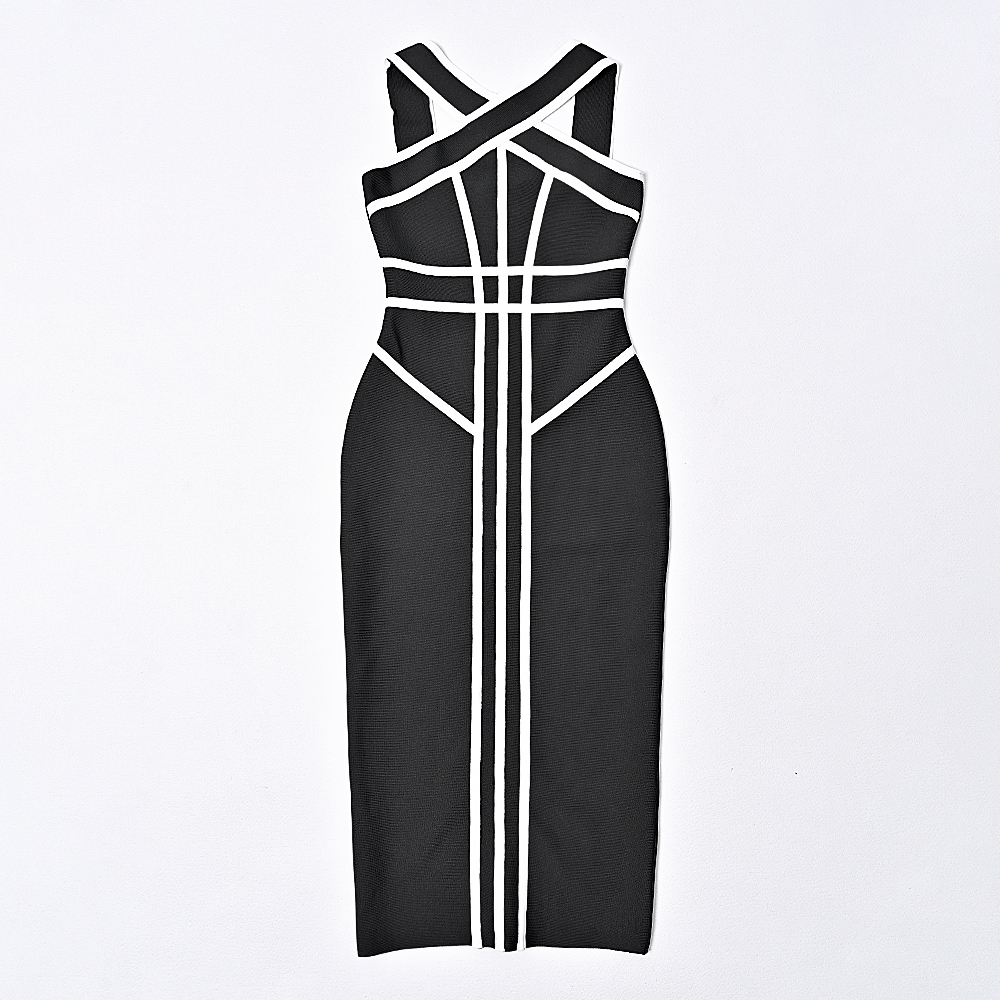 BEAUKEY Luxury Black White Contrast Bandage Midi Bandage Evening Dress Women Summer Halter Vintage Runway Vestidos XL Maxi 
