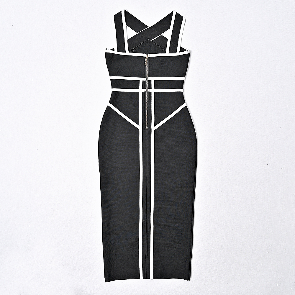BEAUKEY Luxury Black White Contrast Bandage Midi Bandage Evening Dress Women Summer Halter Vintage Runway Vestidos XL Maxi 