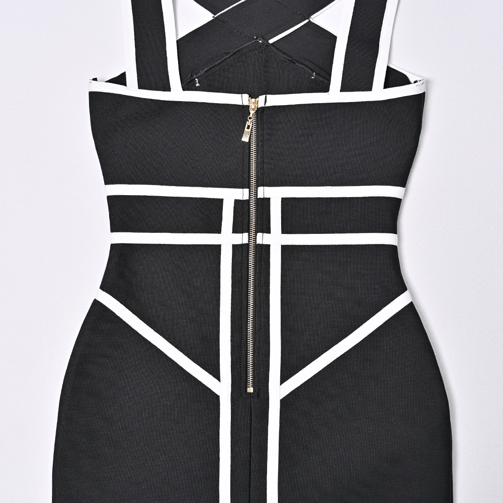 BEAUKEY Luxury Black White Contrast Bandage Midi Bandage Evening Dress Women Summer Halter Vintage Runway Vestidos XL Maxi 