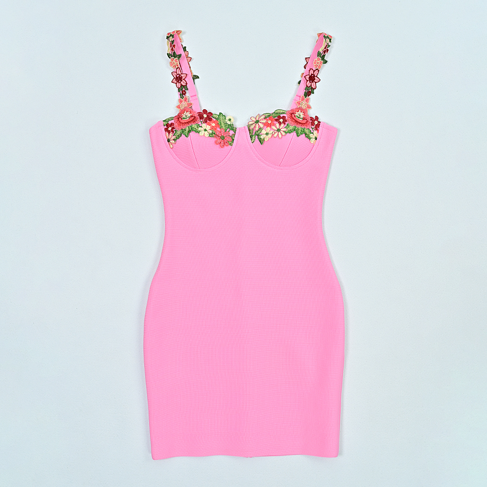 BEAUKEY Sweet Pink Floral Colorful Bandage Dress Mini Women Sexy Bustier Spaghetti Party Birthday Wedding Dress Lady Vestidos 