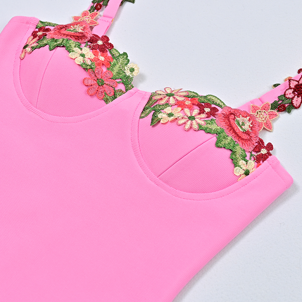 BEAUKEY Sweet Pink Floral Colorful Bandage Dress Mini Women Sexy Bustier Spaghetti Party Birthday Wedding Dress Lady Vestidos 