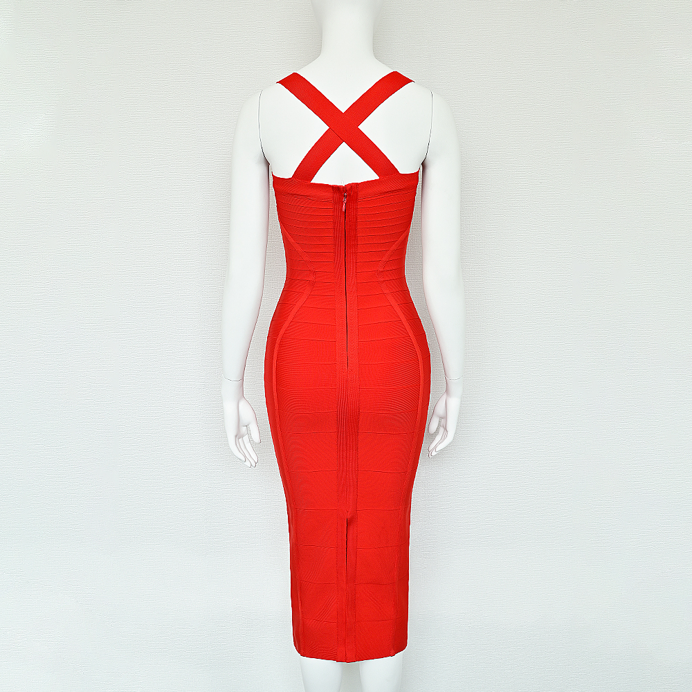 BEAUKEY Women's Sexy Bandage Dress Elegant Vintage Red Evening Dress Cross Midi Slim Elastic Party Vestidos Maxi Long New Dress 