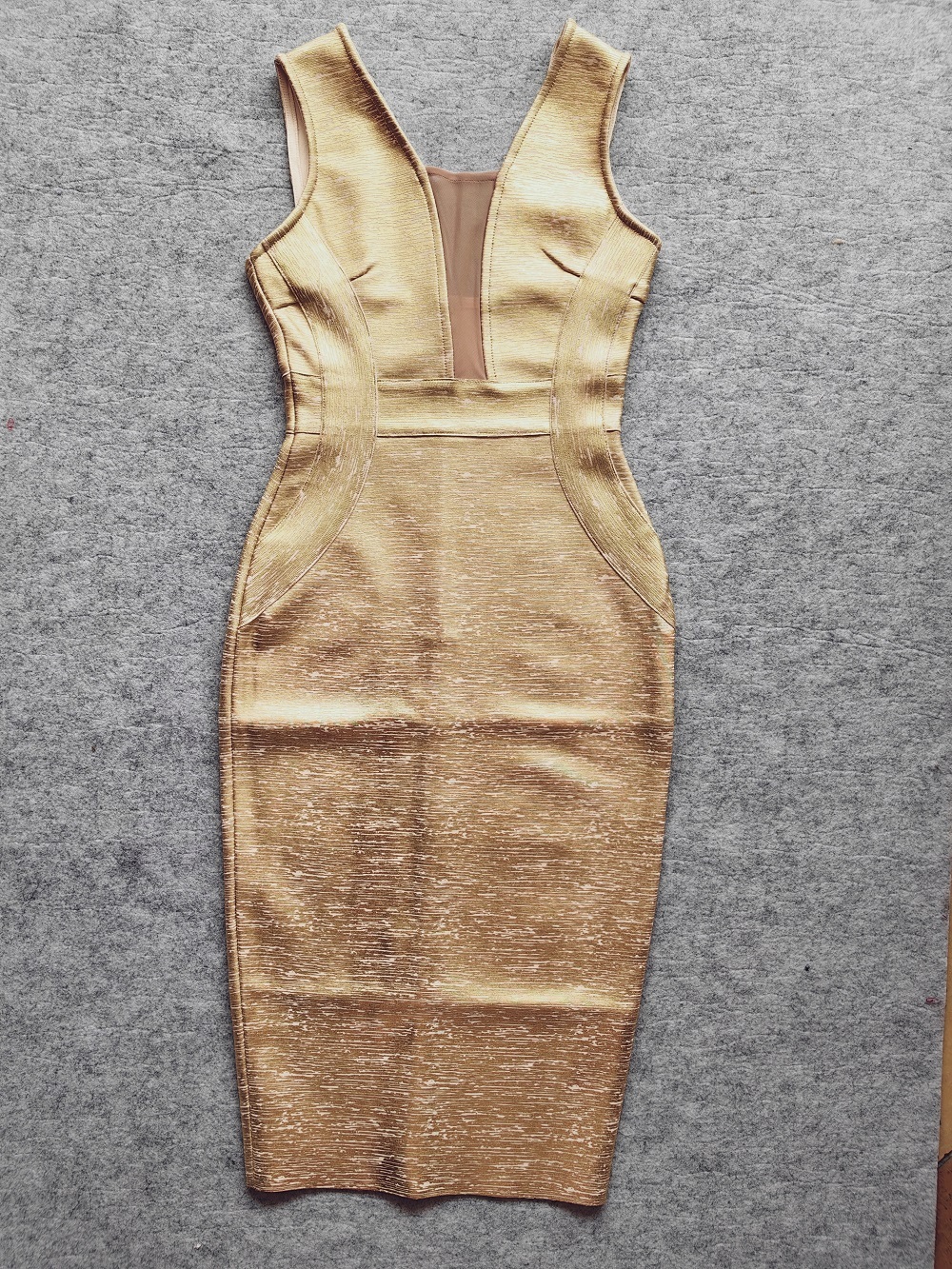 BEAUKEY Quality Gold Metallic Bandage Long Evening Dress Women 2023 Winter Split Luxury Mesh Dress Bodycon Perspective Vestidos 