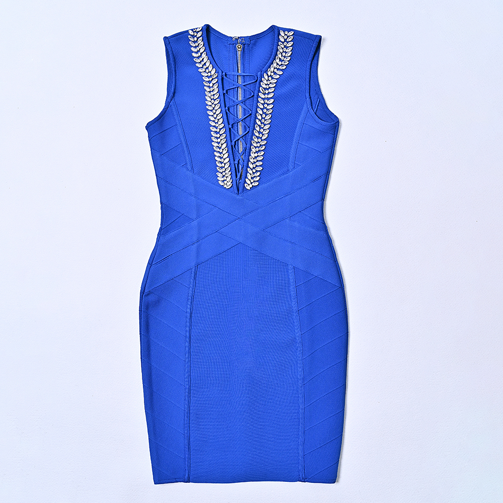BEAUKEY Sexy Blue Hollow Crystal Bandage Women Dress Party Rhinestone Bodycon High Quality Cross Bodycon Evening Dress  2024 