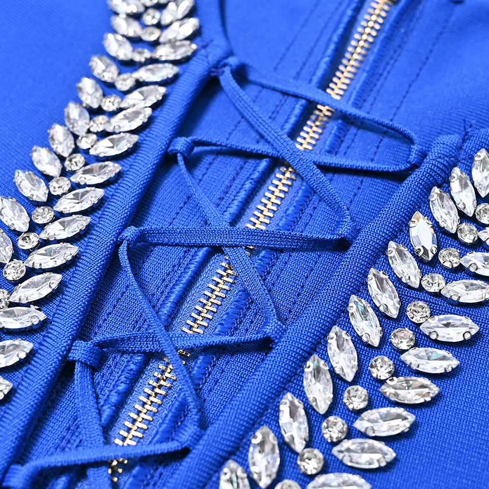 BEAUKEY Sexy Blue Hollow Crystal Bandage Women Dress Party Rhinestone Bodycon High Quality Cross Bodycon Evening Dress  2024 