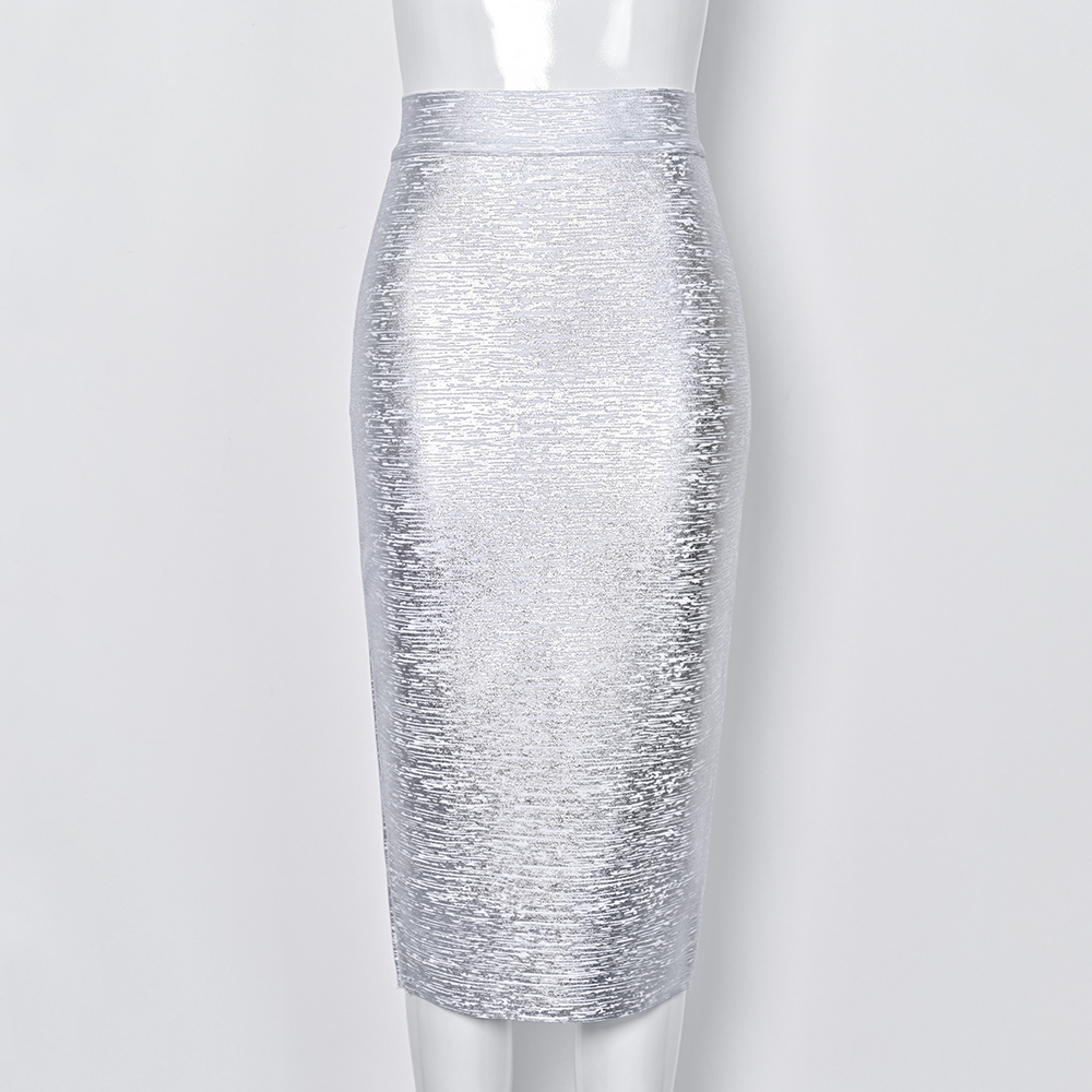 BEAUKEY 2024 New Fashion Luxury Silver Metallic Long Bandage Women Skirt Office Lady High Waist Split Skirt Vintage Gold Skirt 