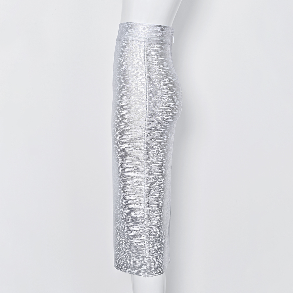 BEAUKEY 2024 New Fashion Luxury Silver Metallic Long Bandage Women Skirt Office Lady High Waist Split Skirt Vintage Gold Skirt 
