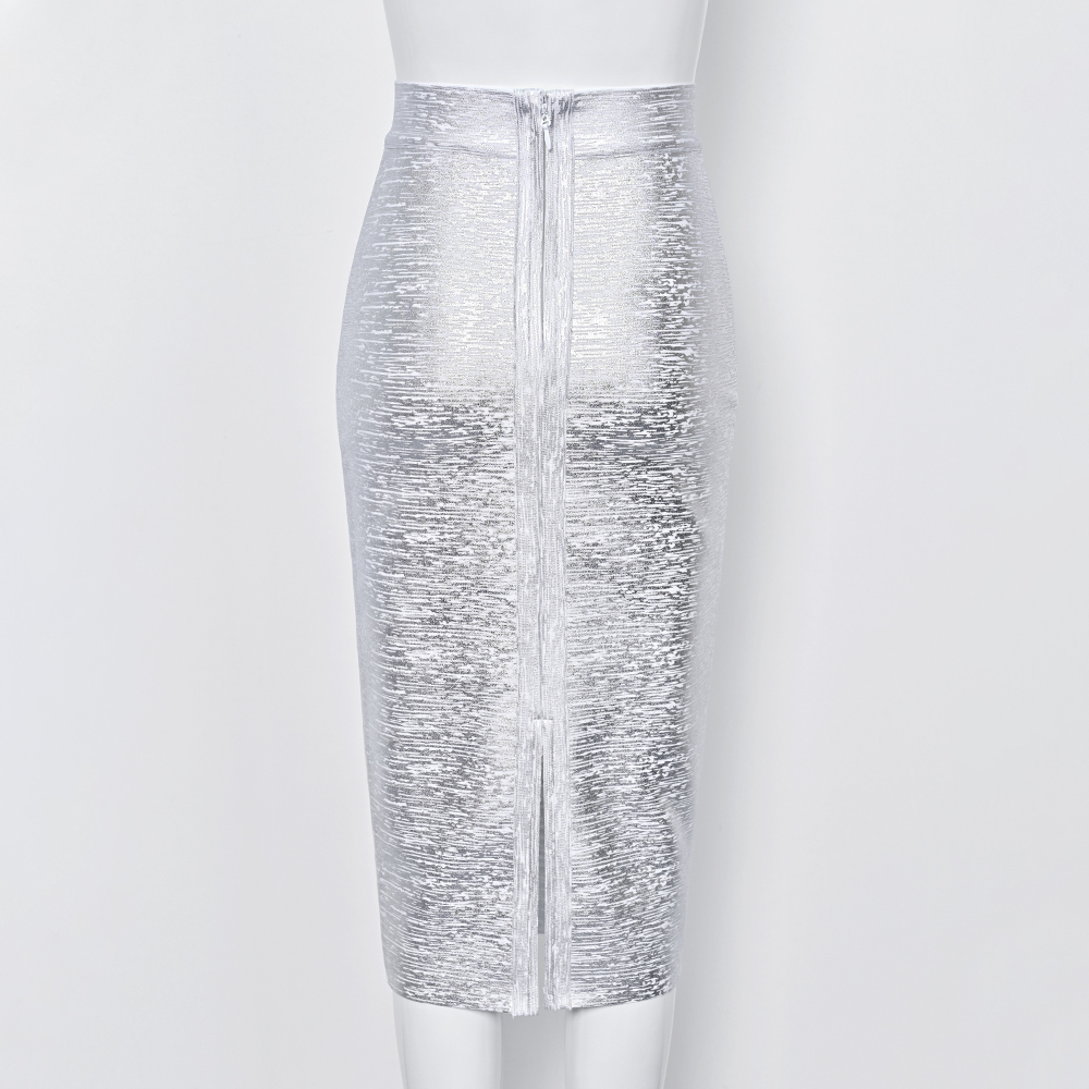 BEAUKEY 2024 New Fashion Luxury Silver Metallic Long Bandage Women Skirt Office Lady High Waist Split Skirt Vintage Gold Skirt 