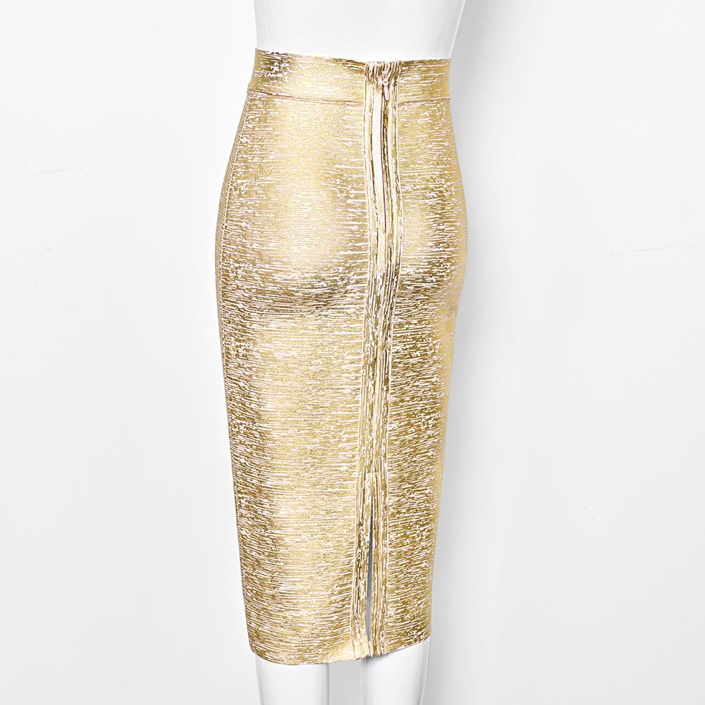 BEAUKEY 2024 New Fashion Luxury Silver Metallic Long Bandage Women Skirt Office Lady High Waist Split Skirt Vintage Gold Skirt 