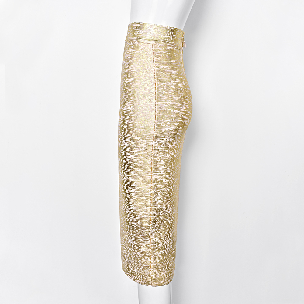 BEAUKEY 2024 New Fashion Luxury Silver Metallic Long Bandage Women Skirt Office Lady High Waist Split Skirt Vintage Gold Skirt 