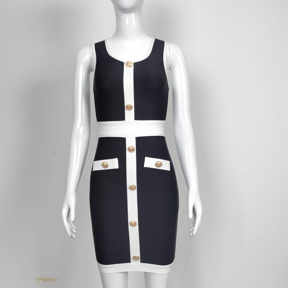BEAUKEY 2024 Autumn Lady Contrast Bandage Dress White Black Sleeveless Bodycon Dreess Mini Women Beaded Elastic Party Vestidos 