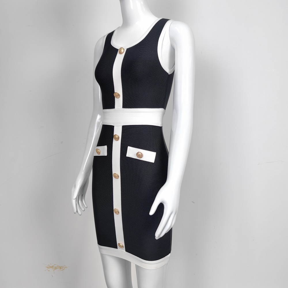 BEAUKEY 2024 Autumn Lady Contrast Bandage Dress White Black Sleeveless Bodycon Dreess Mini Women Beaded Elastic Party Vestidos 