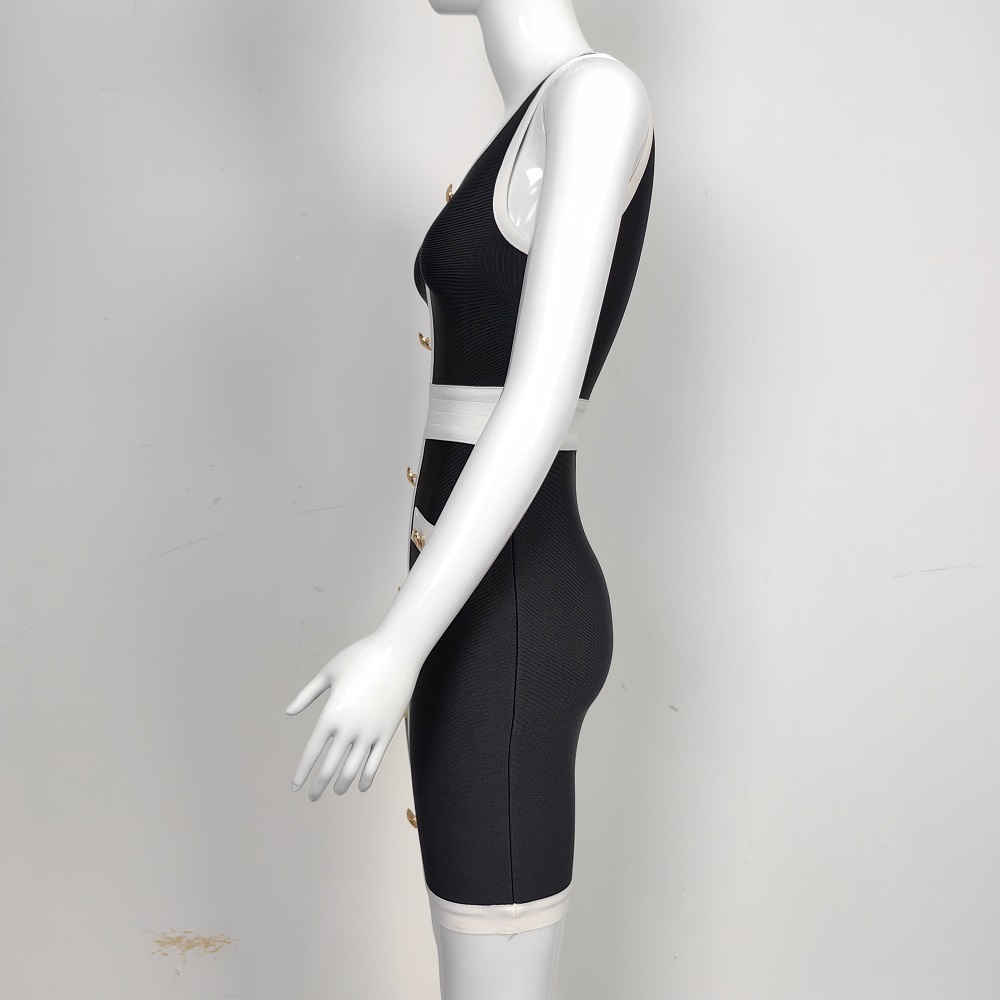 BEAUKEY 2024 Autumn Lady Contrast Bandage Dress White Black Sleeveless Bodycon Dreess Mini Women Beaded Elastic Party Vestidos 