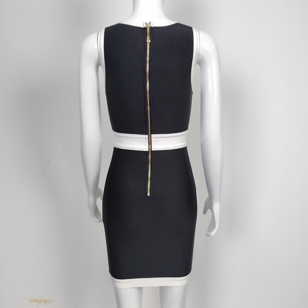 BEAUKEY 2024 Autumn Lady Contrast Bandage Dress White Black Sleeveless Bodycon Dreess Mini Women Beaded Elastic Party Vestidos 