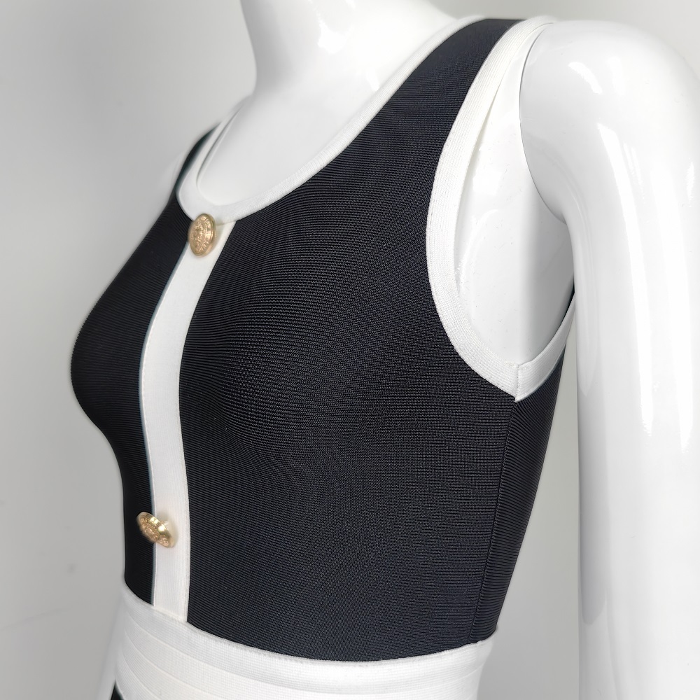 BEAUKEY 2024 Autumn Lady Contrast Bandage Dress White Black Sleeveless Bodycon Dreess Mini Women Beaded Elastic Party Vestidos 