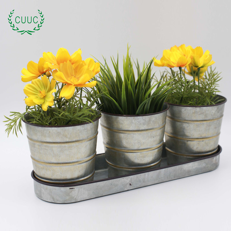 2022 Newest Round Zinc Herb Pot Tray Sets Garden Planters