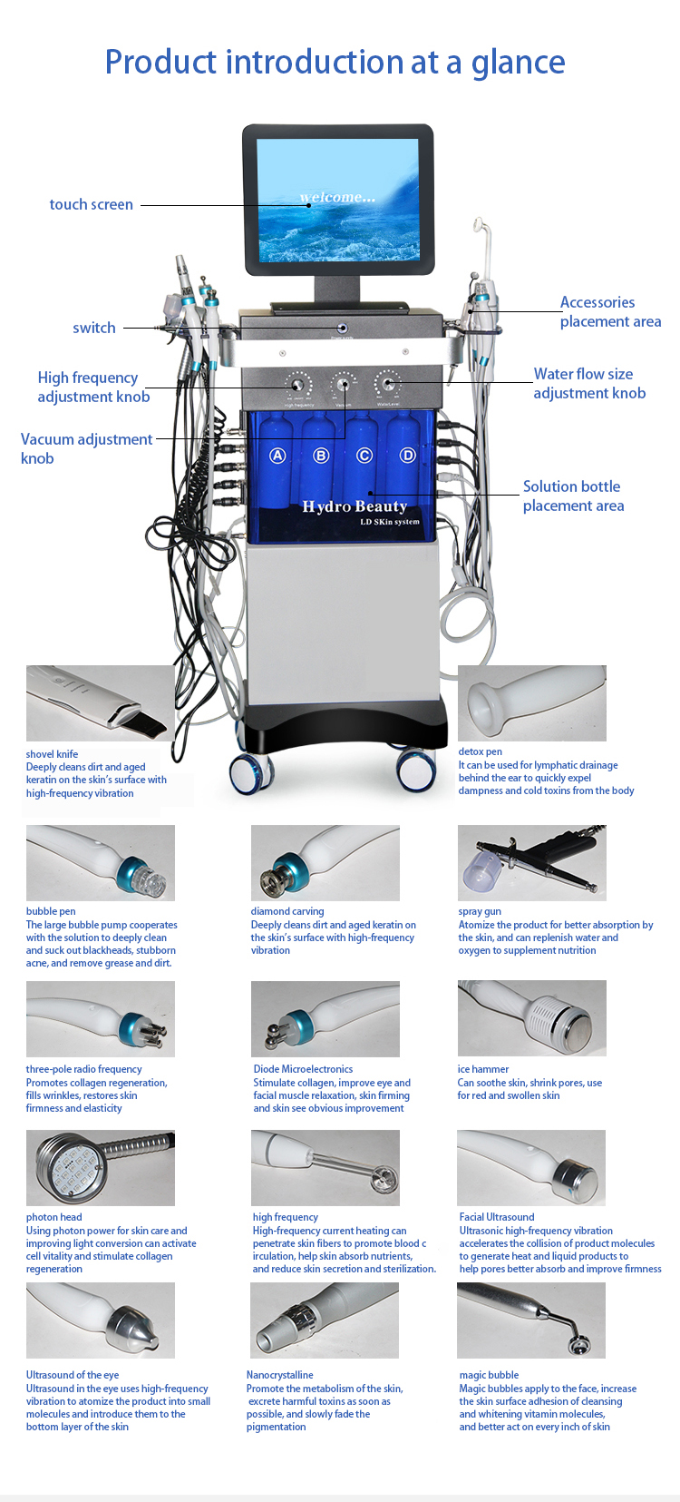 Hydra Oxygen Facial Dermabrasion Machine Ultrasound Eyes Tightening Hydrate Injector Crystal Diamond Microdermabrasion Equipment PDT LED Skin Scrubber Device 14 in 1 Hydra Facial Machine | Honkay hydrafacial machine,14 in 1 hydra facial machine,microdermabrasion machine