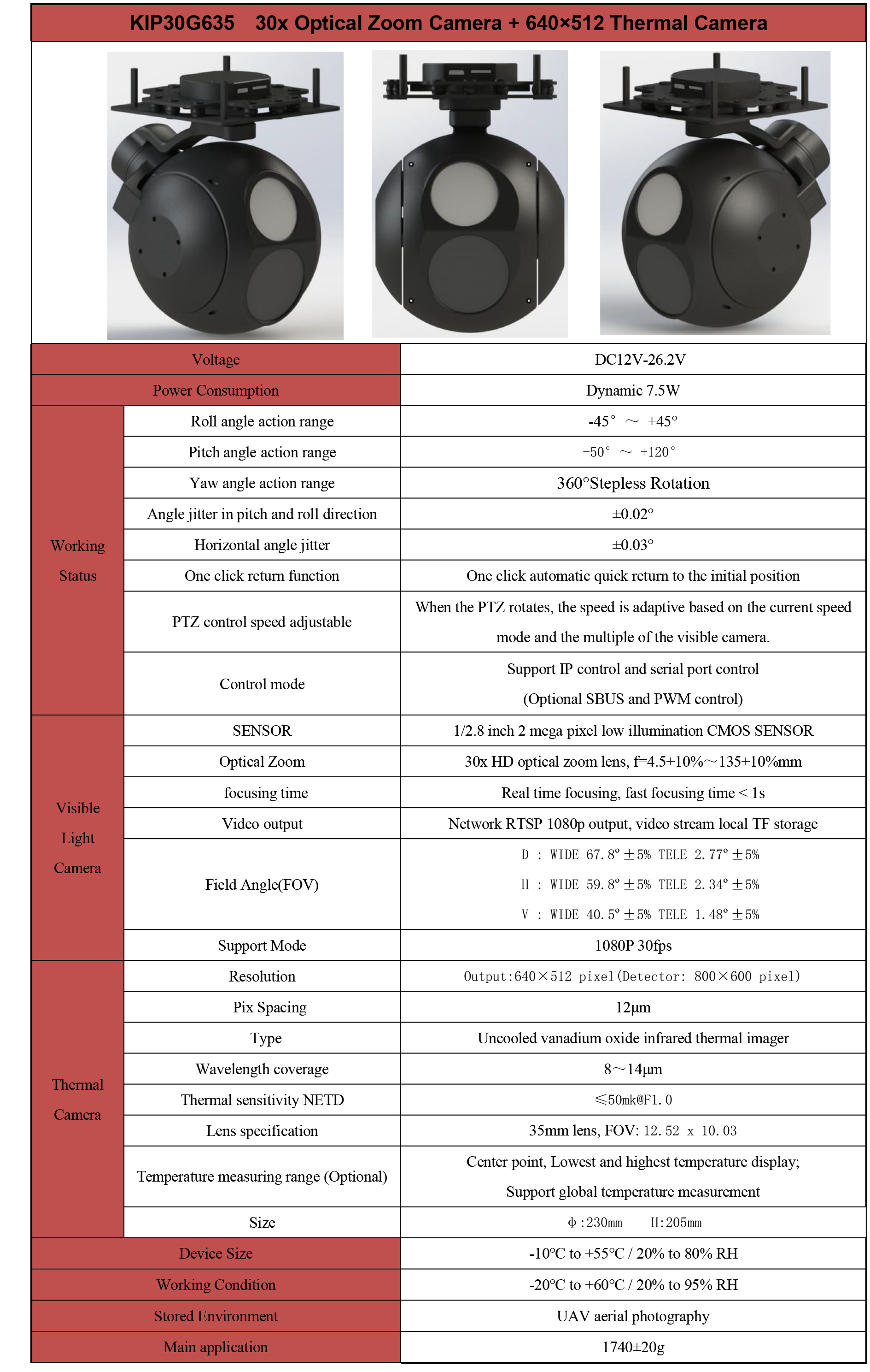 KIP30G635 30x optical zoom + 35mm lens 640*512 thermal imaging camera with 3-axis gimbal, Ethernet/IP output