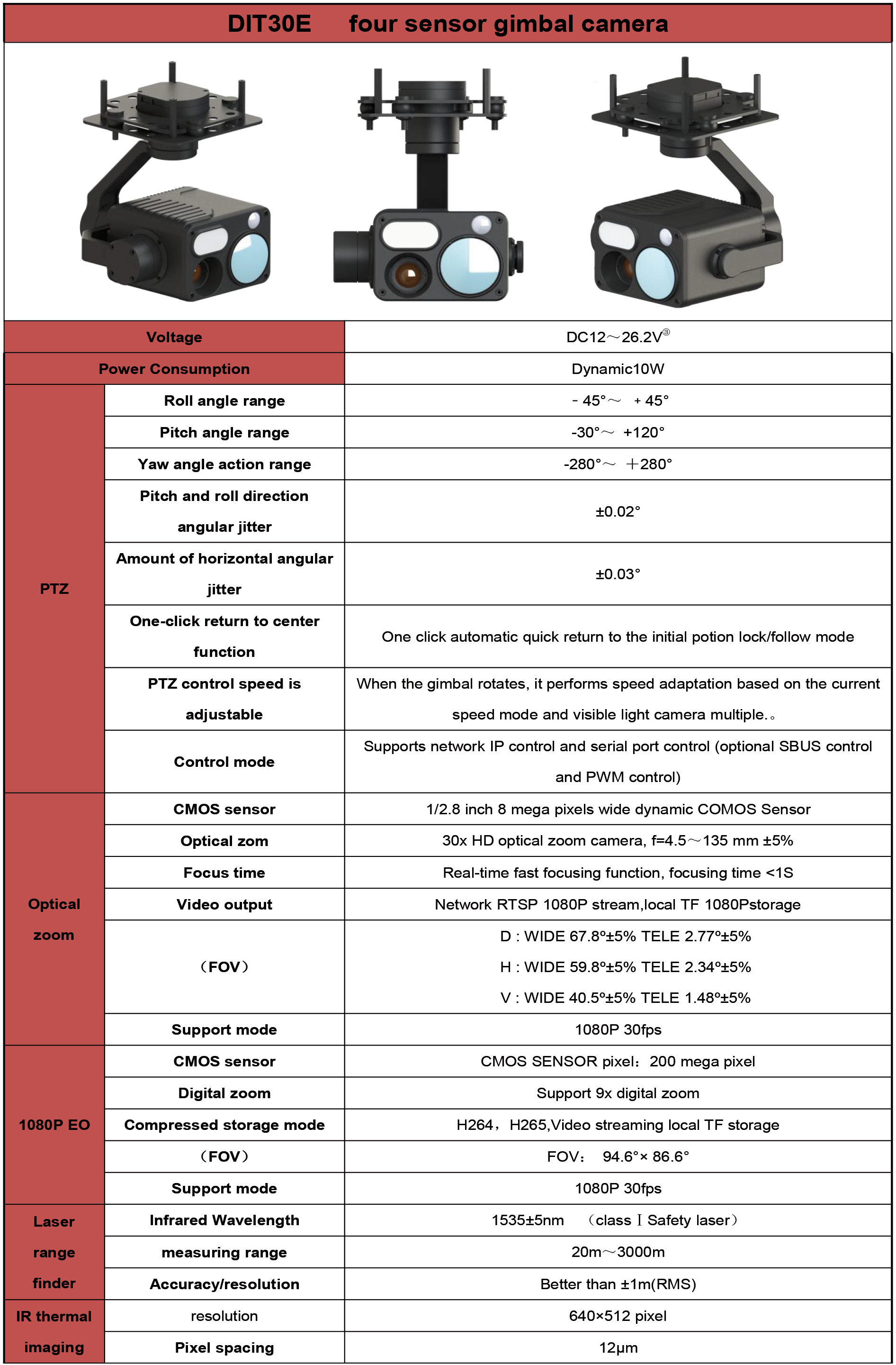  DIT30E High performance four-sensor gimbal 30X optical zoom +Fixed-focus 1080P+640×512 IR thermal imaging +3000m laser range finde