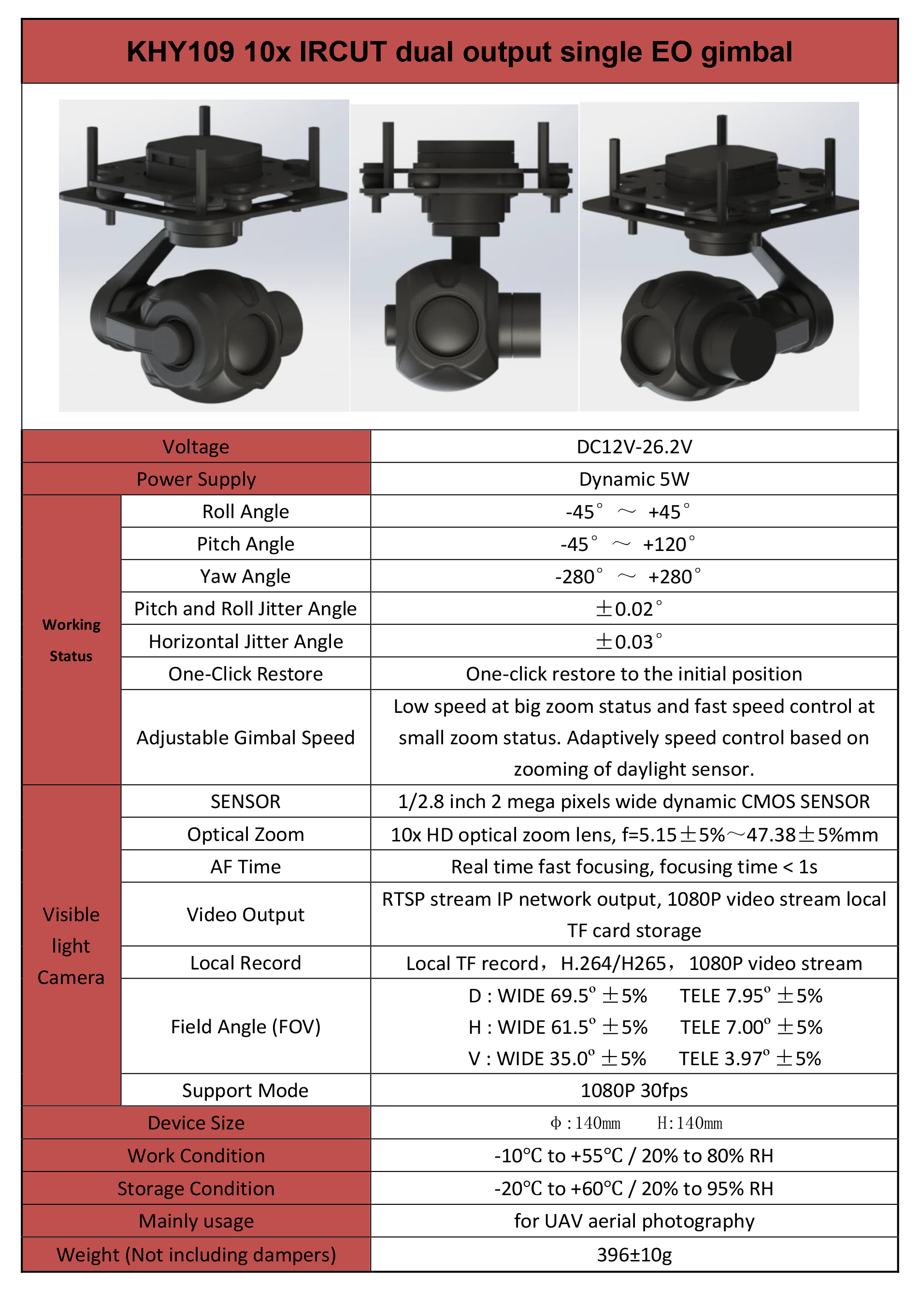 KHY109 10x Optical zoom IRCUT 3-Axis Gimbal camera, IP/HDMI output