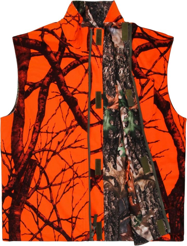 Camo and Orange Hunting Reversible Vest, Game Vest Jacket for Hunting Camping (M-4XL)