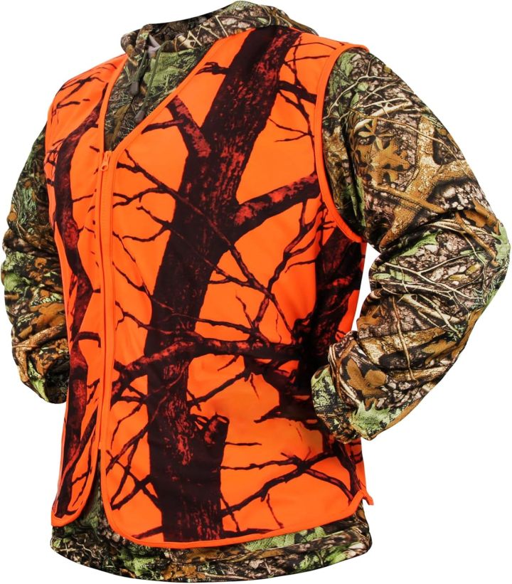 Blaze Orange Camo Hunting Vest, Lightweight, Zipper Closure