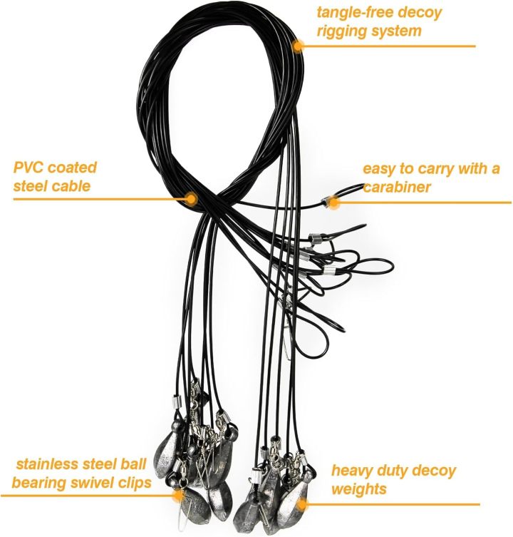 Decoy Rigs Steel Cable with PVC Coated, 12-Pack Waterfowl Decoy Weights Anchors Rigging Kit