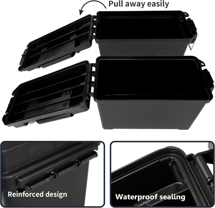 Plastic Ammo Cans, 2-Pack Lockable Ammo Storage Containers, Waterproof Ammo Storage Boxes for Pistol, Rifle, Shotgun, Stackable Ammo Case Black