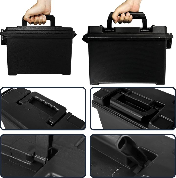 Plastic Ammo Cans, 2-Pack Lockable Ammo Storage Containers, Waterproof Ammo Storage Boxes for Pistol, Rifle, Shotgun, Stackable Ammo Case Black