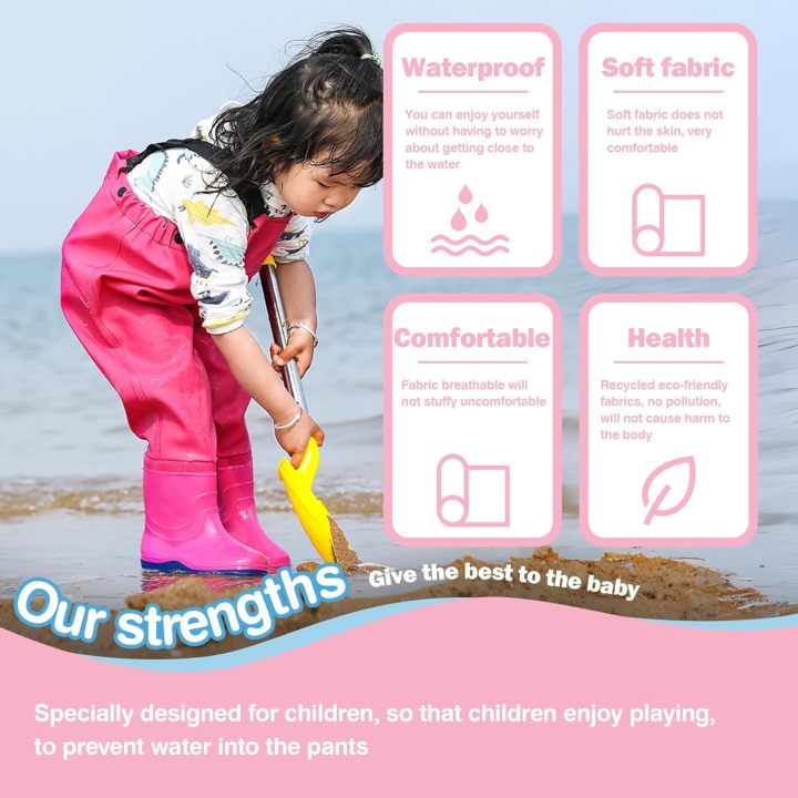 Kids Chest Waders with Non-Slip Boots, Attached System with Waterproof Trousers, Waders for Boys and Girls