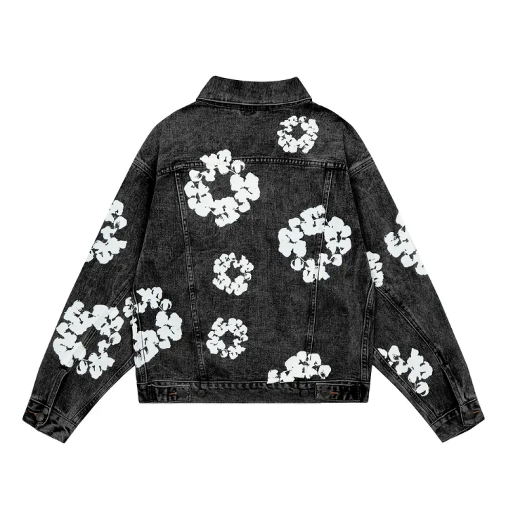 Black cotton wreath flower all over printed streetwear unisex denim jeans jacket  