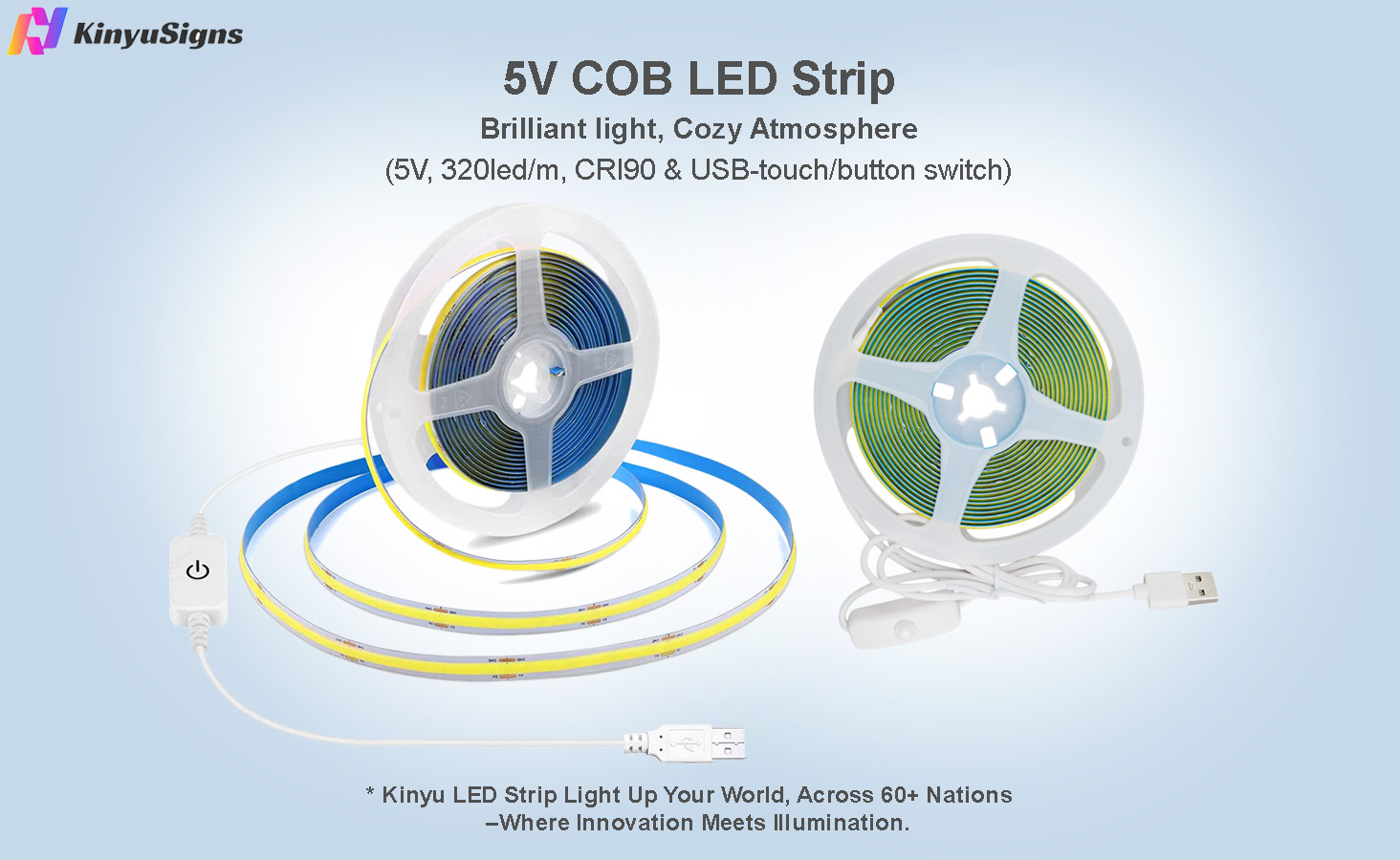 Kinyu COB LED Strip 5V USB Warm White High CRI 320Led/M Flexible LED Tape for Home & Office DIY,16.4ft/5m