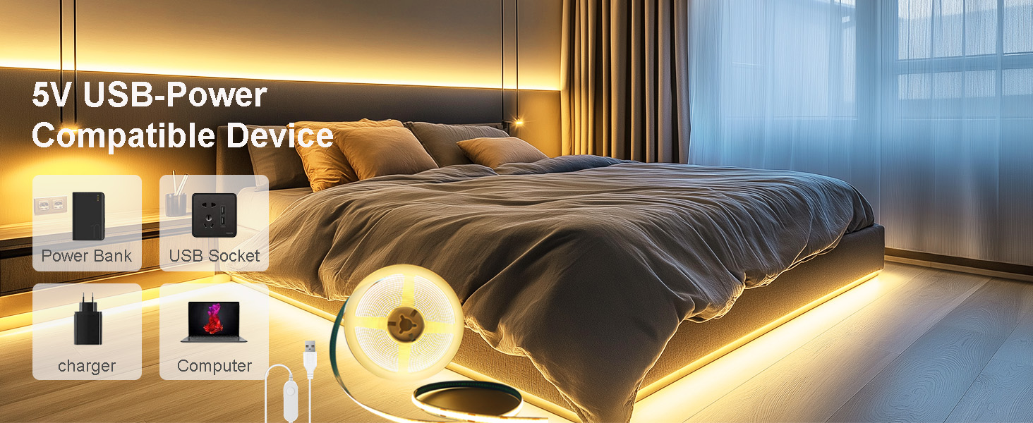 Kinyu COB LED Strip 5V USB Warm White High CRI 320Led/M Flexible LED Tape for Home & Office DIY,16.4ft/5m