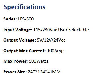 5V 12V 24Vdc Switching AC/DC Power Supplies MEAN WELL LRS-600