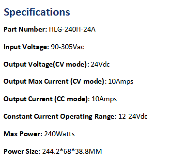  MEAN WELL HLG-240H-24A LED Driver IP65 PFC Harsh Environment Metal Case 24V10A
