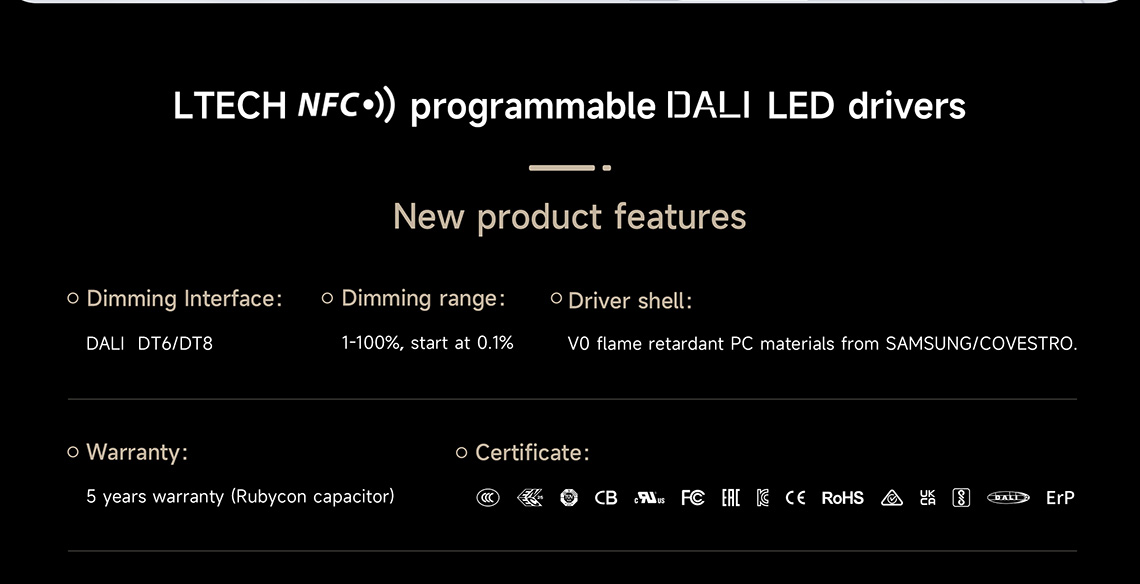 SE-40-300-1050-W1D LTECH 40W 300-1050mA NFC CC DALI DT6 LED driver