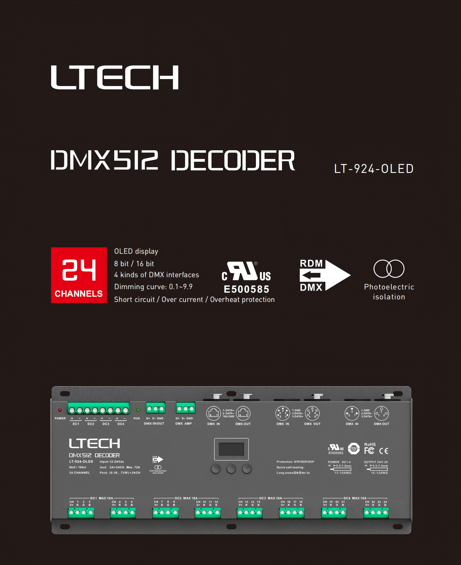  LT-924-OLED LTECH 24CH CV DMX Decoder