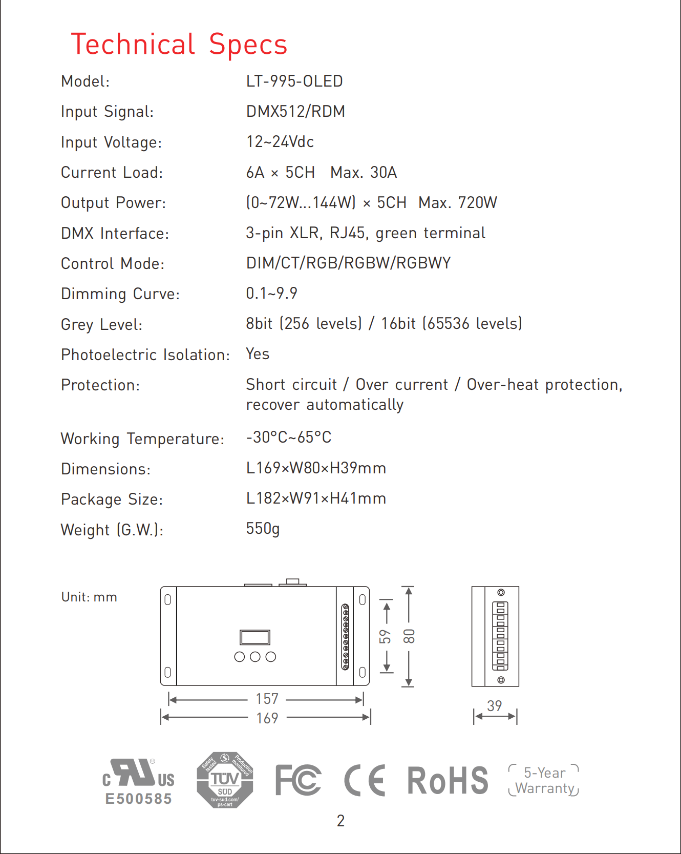 LT-995-OLED LTECH 5CH CV DMX Decoder