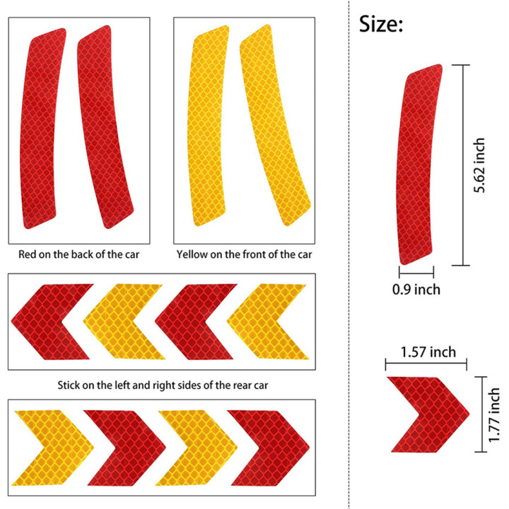 Front Rear Side Arrow Reflex Reflector Strips, Stick-On Sticker Decals, Red and Amber   