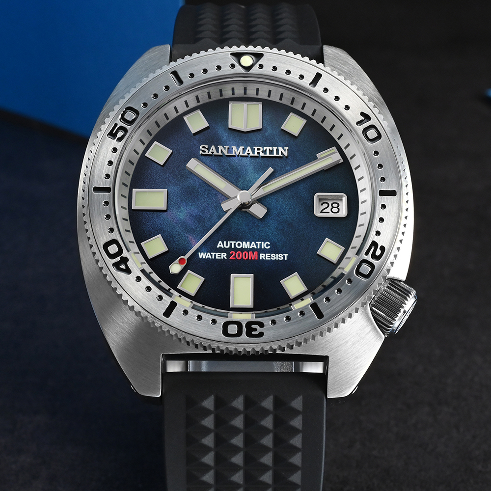 San Martin Men Watch Stainless Steel Diver 6105 NH35 Automatic Mechanical Rubber Strap Luminous Watch SN0068 G