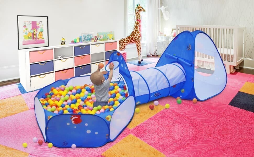 3 in 1 Pop up Kids Play Tent with Tunnel Ocean Ball Pit Pool Basket Hoop For Toddler Boys Girls  