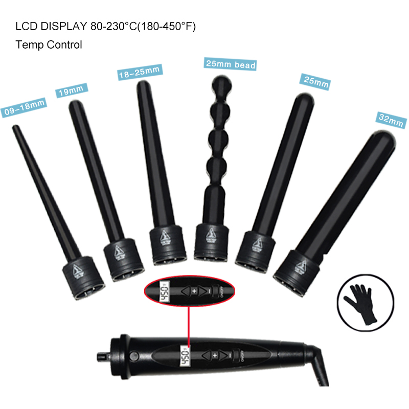 LCD Display Hair Curling Iron Suite Combination Interchangeable Hair Curler 6 in 1 Curling Wand Set with 6 Interchangeable Hair  
