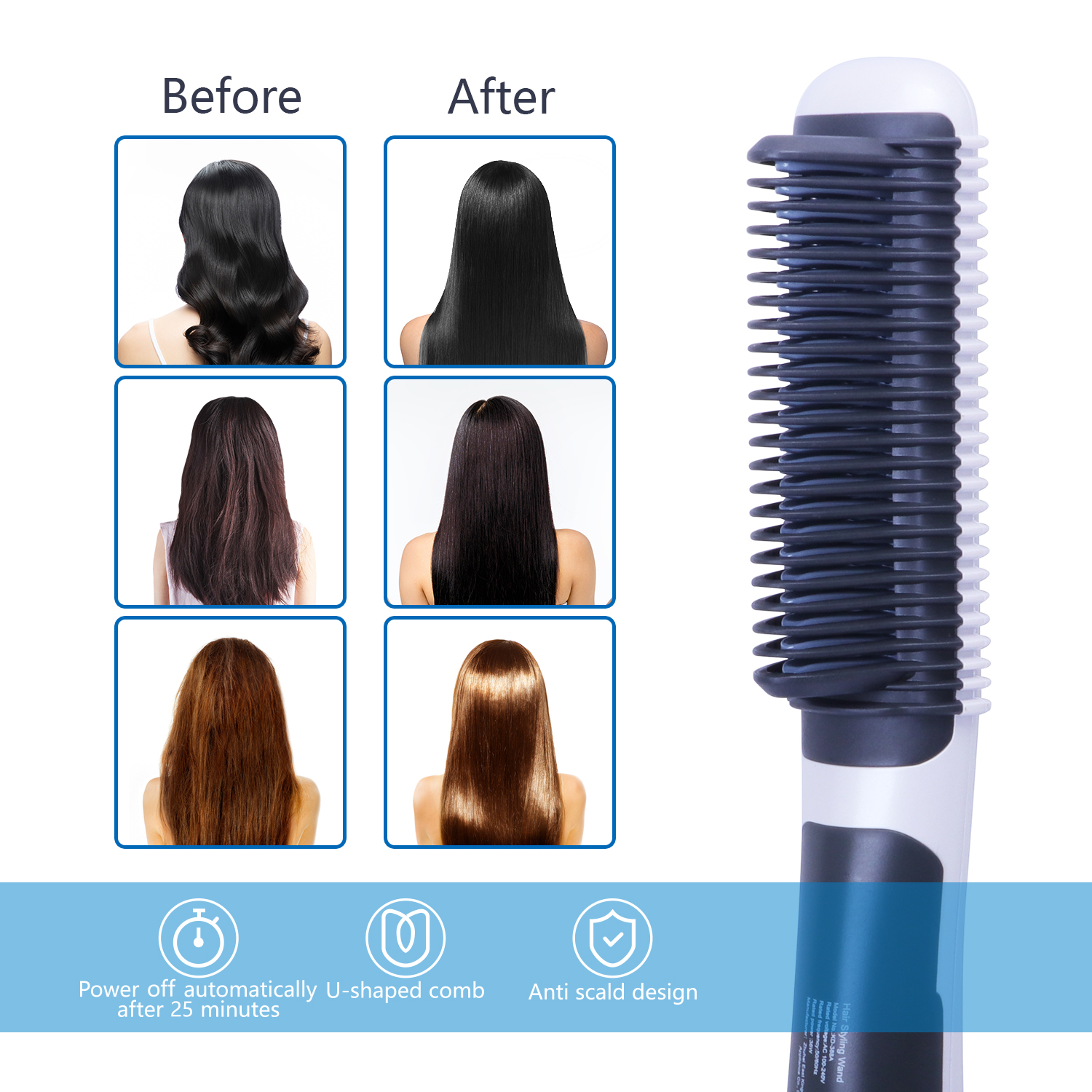 Homfu Hair Straightener Brush - Hair Straightening Iron with Built-in Comb  