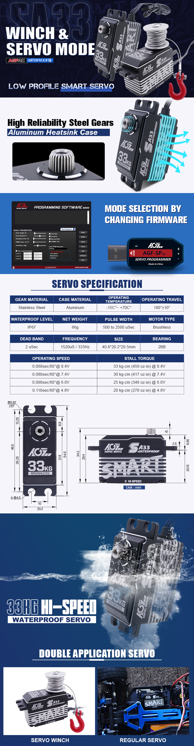 AGFRC SA33 SA66BHLW 33KG IP67 waterproof brushless digital servo with magnetic angle sensor